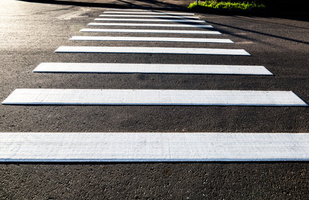 Pedestrian crossing with white marking lines on asphalt. Crosswalk on the roadの写真素材