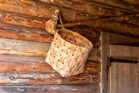 Wicker handmade basket hanging on the wall of a wooden houseの写真素材
