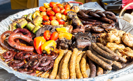 Appetizing baked meat, barbecue sausage and vegetables in a frying panの写真素材