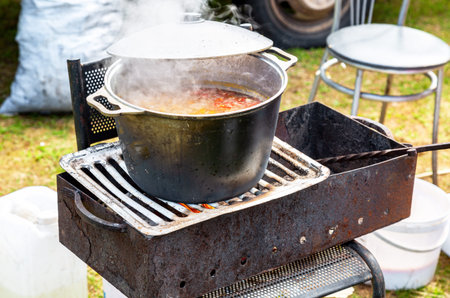 Cooking delicious rich soup in a large pot outdoors