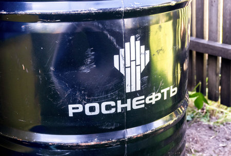Samara, Russia - August 08, 2022: Barrel of Rosneft motor oil with brand logo