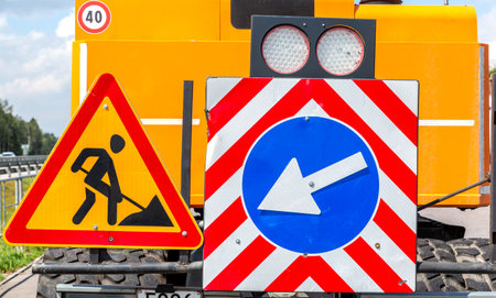 Road works traffic signs on the truck close upの写真素材