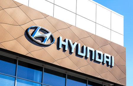 Samara, Russia - May 8, 2022: Hyundai logo on the facade dealership buildingのeditorial素材