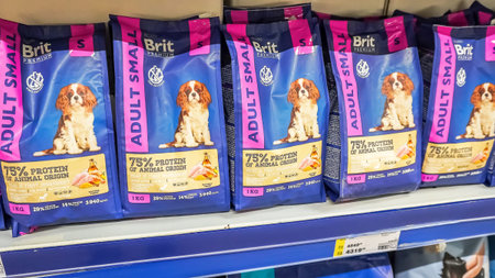 Samara, Russia - May 5, 2022: Pet food Brit, sales dog food on display at a superstore. selective focusのeditorial素材