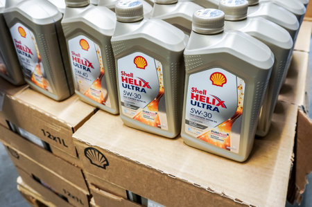 Samara, Russia - May 5, 2022: Shell Helix Ultra motor oil in plastic canisters at the superstoreのeditorial素材