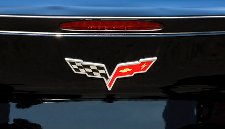 Samara, Russia - June 26, 2022: Closeup of Chevrolet Corvette logo on the car. Chevrolet is an american automobile manufacturerのeditorial素材