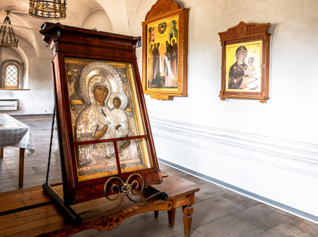 Valdai, Russia - August 6, 2022: Orthodox icons at the Assumption Cathedral of the Valday Iversky Monastery. Monastery was founded by Patriarch Nikon in 1653のeditorial素材