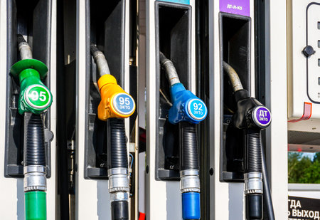 Samara, Russia - July 11, 2022: Filling column with pistols with different types of fuel at the gas stationのeditorial素材