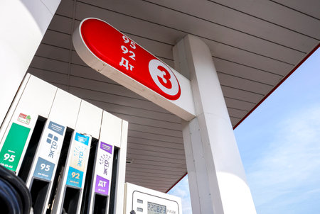 Samara, Russia - July 11, 2022: Filling column with pistols with different types of fuel at the gas stationのeditorial素材