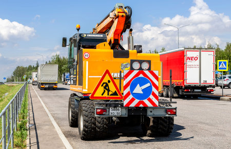 Moscow, Russia - July 12, 2022: Road service truck parked in the car park on the toll highway m11