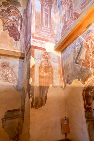 Veliky Novgorod, Russia - August 27, 2022: Interior of Savior Transfiguration Church on Ilyin street with mural fresco painting by Theophanes the Greek, Byzantine Greek artist and famous icon painterのeditorial素材