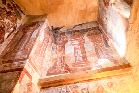 Veliky Novgorod, Russia - August 27, 2022: Interior of Savior Transfiguration Church on Ilyin street with mural fresco painting by Theophanes the Greek, Byzantine Greek artist and famous icon painterのeditorial素材
