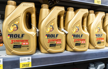 Samara, Russia - November 19, 2022: Rolf synthetic motor oil in plastic canisters on the shelf at...