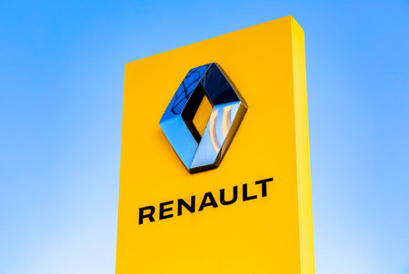 Veliky Novgorod, Russia - August 26, 2022: Renault dealership sign against the blue sky. Renault is...