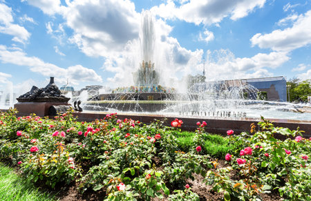 Moscow, Russia - July 8, 2019: Stone Flower fountain at the VDNKH park in sunny summer day. Exhibition of Achievements of National Economy is Moscow tourist popularic landmarkのeditorial素材