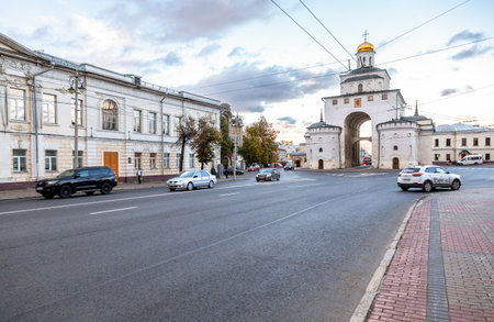 Vladimir, Russia - September 19, 2022: Golden Gate temple in summer evening. Golden Gate - an outstanding monument of ancient architecture. Golden Ring of Russiaのeditorial素材