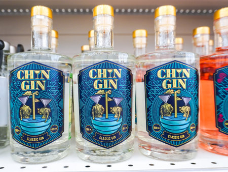Samara, Russia - April 23, 2023: Chin Gin alcoholic beverage in a superstore. Strong alcoholic beverages. selective focusのeditorial素材