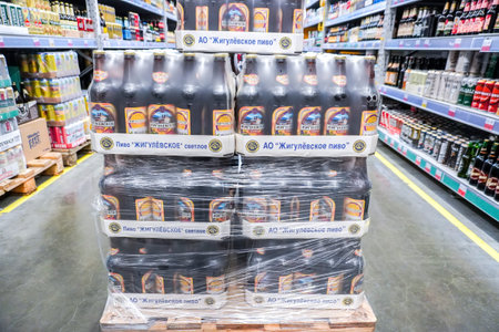 Samara, Russia - April 21, 2023: Zhigulevskoe beer ready sale at the superstore. Various alcoholic...