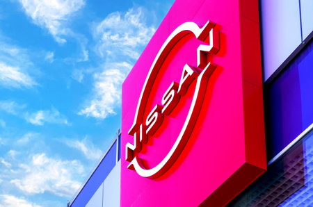 Samara, Russia - April 27, 2023: Official dealership sign of Nissan manufacturerのeditorial素材