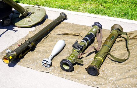 Samara, Russia - May 13, 2023: Various anti-tank grenade launchers. Disposable anti-tank rocket...