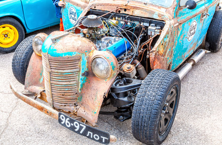 Samara, Russia - May 14, 2023: Customized classic hot rod vehicle with tuned engine. Made on base of...