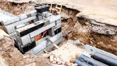 Repair of city water supply. Replacement of old rusty metal pipes. Arrangement of a heating main from pipes in an earthen trench. City Water Pipelineの写真素材