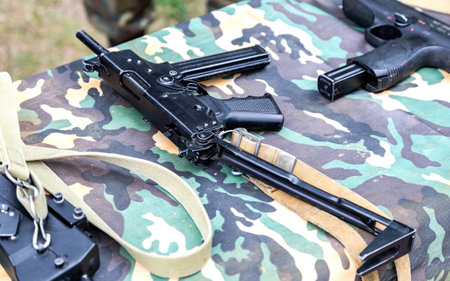 Samara, Russia - May 27, 2023: Russian weapons. SMG PP-91 Kedr submachine gun (machine pistol) - personal defense weaponのeditorial素材