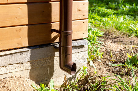 The new plastic rainwater drain pipe on a wooden house close up
