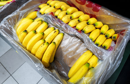 Cardboard box with fresh tasty bananas at the superstoreの写真素材