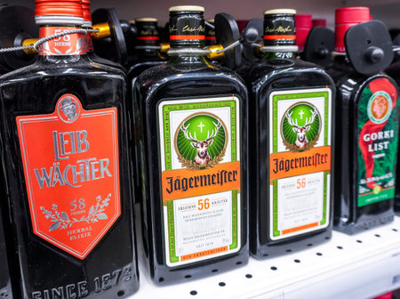 Samara, Russia - July 1, 2023: Jagermeister is a strong alcoholic beverage for sale in superstore. Bottled strong alcoholic beverages. Selective focusのeditorial素材