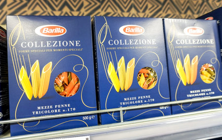 Samara, Russia - March 18, 2023: Barilla Packaged Italian pasta on a shelf in a superstore. Barilla...