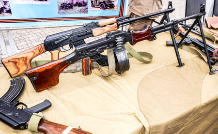 Samara, Russia - May 27, 2023: Russian Kalashnikov machine guns. Russian firearms, assault rifles