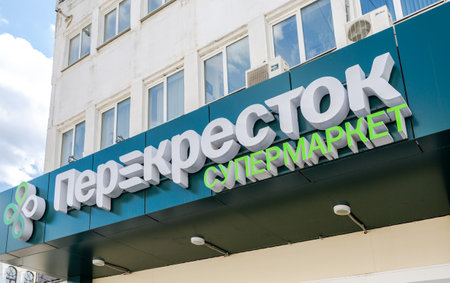 Samara, Russia - May 9, 2018: Signboard of Perekrestok (Crossroad) Store. Perekrestok is a Russian supermarket chain operated by X5 Retail Groupのeditorial素材