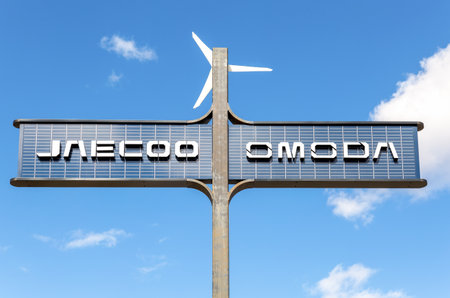 Samara, Russia - April 16, 2024: Stela with Omoda and Jaecoo logo against a sky backgroundのeditorial素材