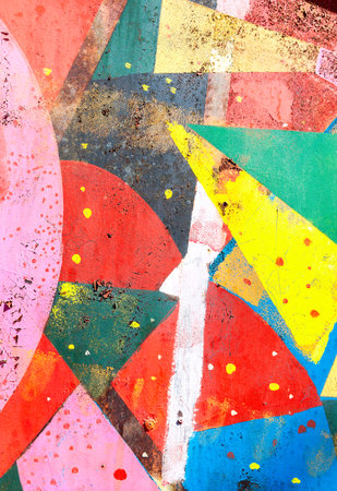 Old metal sheet with colored paints and corrosion as creative texture. Abstract multicolored background of metal surface covered paintsの写真素材