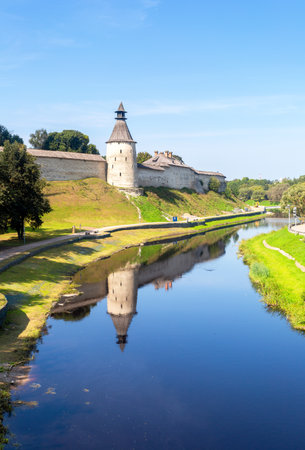 View of the Pskov Kremlin (Krom) and the embankment of the Pskova river in Pskov, Russiaの写真素材