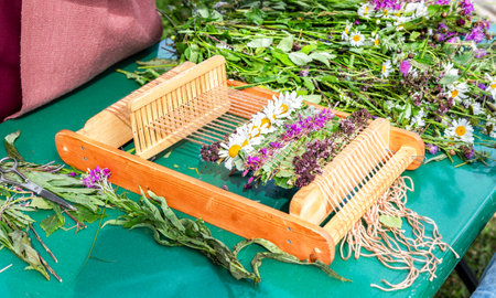 Homemade Wooden Improvised Weaving Loom for Weaving Small Rug from Live Flowers. Carpet weaving from natural flowersの写真素材