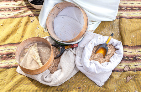 Wheat grain in canvas bags for further processing into flour, closeup. Food supplies. Harvest. Agricultural cropの写真素材