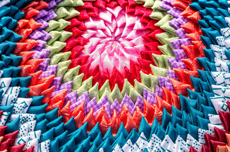 Creative background from handmade multicolored doormat. Texture of a homespun rug from different colorful fabricsの写真素材