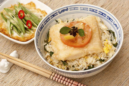 Fish Donburi with Fried Eggの写真素材