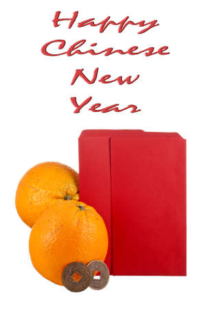 Oranges and Lucky Coins with Blank Ang Pows for your Textの写真素材
