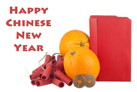 Oranges, Lucky Coins and Firecrackers with Blank Ang Pows for Copy Spaceの写真素材