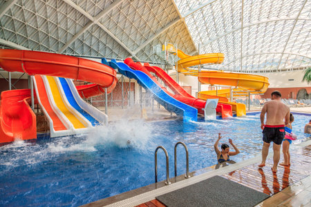 Sochi, Russia - May 2, 2014: Mountain Beach Water Park in Gorky Gorod family resort interior view...