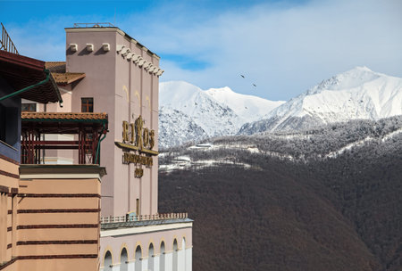 Sochi, Russia - February 19, 2014: Modern Rixos Krasnaya Polyana hotel of Gorky Gorod winter ski...