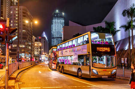 Hong Kong - January 12, 2016: Public bus services in Hong Kong are popular with tourists. Night...