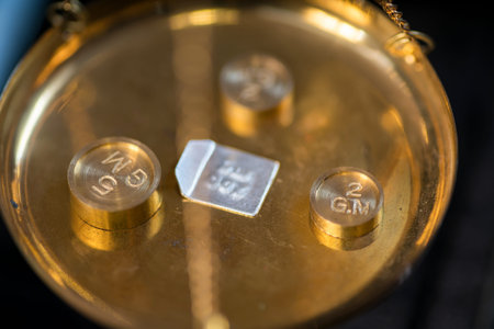 Golden pharmaceutical scales close up. Antique and precision concept