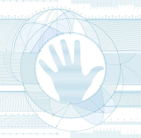 Vector illustration of a technical draft background with an arm silhouette.のイラスト素材