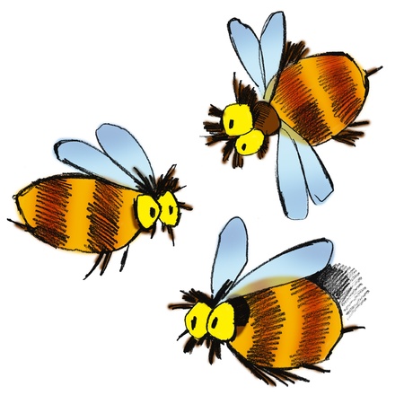 cartoon illustration of three bees on white backgroundの写真素材