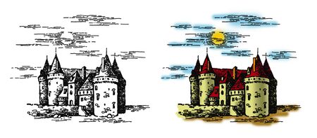 graphic illustration of a castle on white and color backgroundsの写真素材