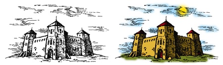 graphic illustration of a castle on white and color backgroundsの写真素材